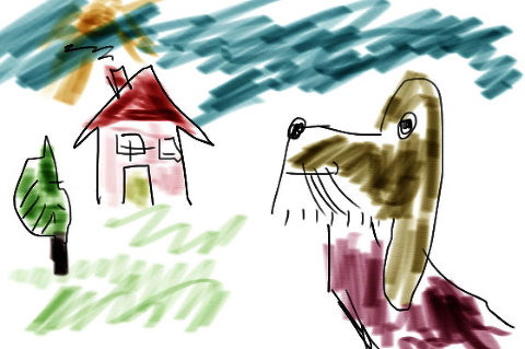 kids cartoon colouring drawing of a dog house tree and sky